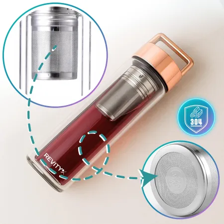 Szklana butelka termiczna z zaparzaczem ze stali nierdzewnej, 450 ml