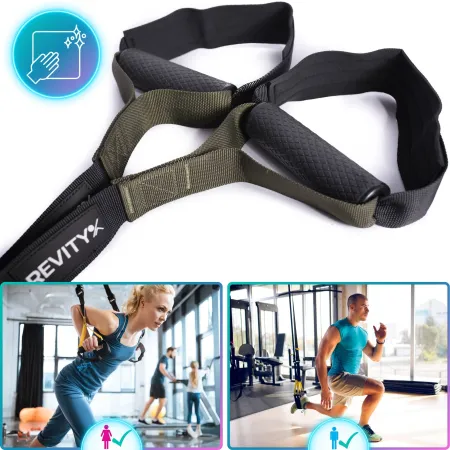 Pasy do ćwiczeń Gravity Trainer, 278 cm, kotwica do drzwi 50 cm, przedłużka 95 cm, czarny-khaki