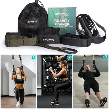 Pasy do ćwiczeń Gravity Trainer, 278 cm, kotwica do drzwi 50 cm, przedłużka 95 cm, czarny-khaki