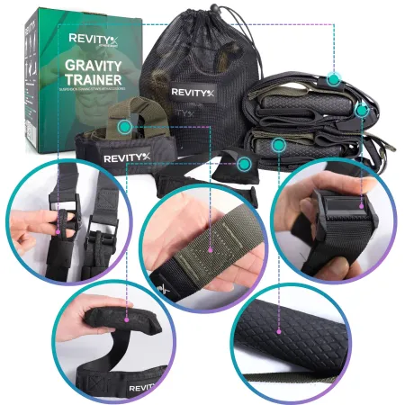 Pasy do ćwiczeń Gravity Trainer, 278 cm, kotwica do drzwi 50 cm, przedłużka 95 cm, czarny-khaki