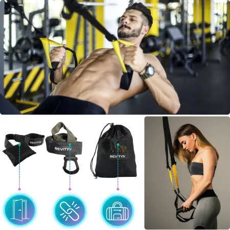 Pasy do ćwiczeń Gravity Trainer, 278 cm, kotwica do drzwi 50 cm, przedłużka 95 cm, czarny-khaki