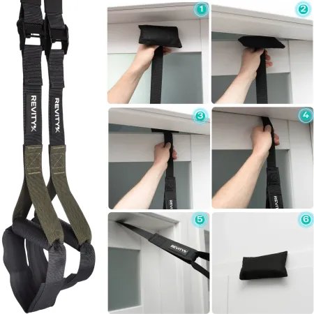 Pasy do ćwiczeń Gravity Trainer, 278 cm, kotwica do drzwi 50 cm, przedłużka 95 cm, czarny-khaki