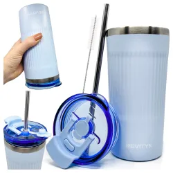 Kubek termiczny, bidon ze słomką ze stali nierdzewnej, błękit nieba, 600 ml