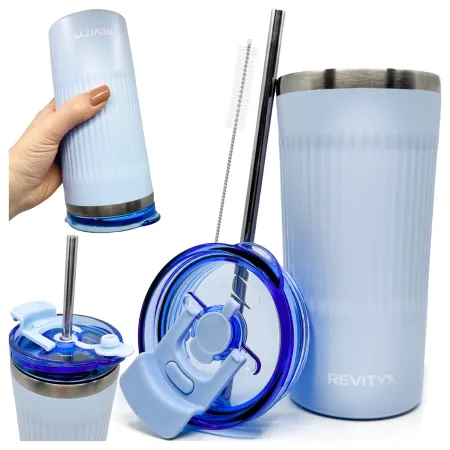 Kubek termiczny, bidon ze słomką ze stali nierdzewnej, błękit nieba, 600 ml