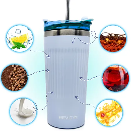 Kubek termiczny, bidon ze słomką ze stali nierdzewnej, błękit nieba, 600 ml