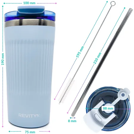 Kubek termiczny, bidon ze słomką ze stali nierdzewnej, błękit nieba, 600 ml