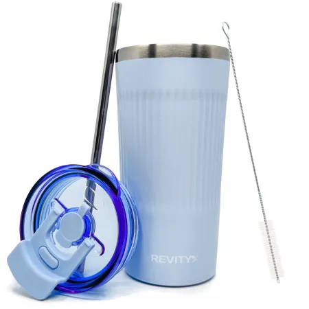 Kubek termiczny, bidon ze słomką ze stali nierdzewnej, błękit nieba, 600 ml