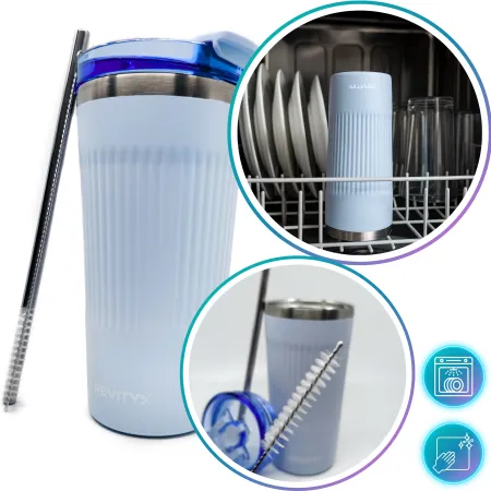 Kubek termiczny, bidon ze słomką ze stali nierdzewnej, błękit nieba, 600 ml