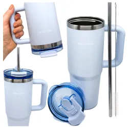 Kubek termiczny, bidon ze słomką i uchwytem ze stali nierdzewnej, błękit nieba, 900 ml