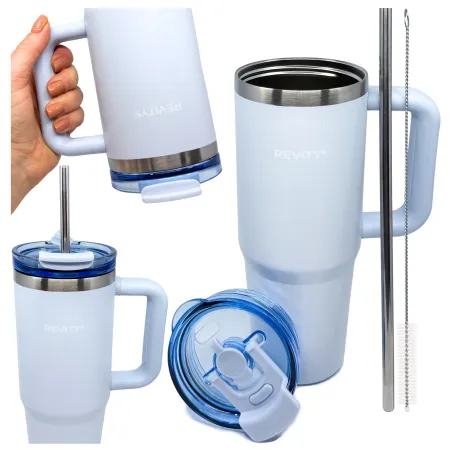 Kubek termiczny, bidon ze słomką i uchwytem ze stali nierdzewnej, błękit nieba, 900 ml