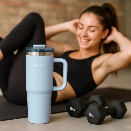 Kubek termiczny, bidon ze słomką i uchwytem ze stali nierdzewnej, błękit nieba, 900 ml