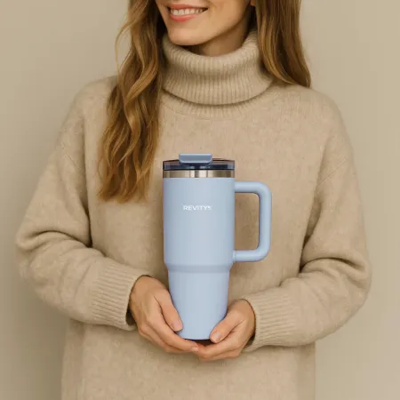 Kubek termiczny, bidon ze słomką i uchwytem ze stali nierdzewnej, błękit nieba, 900 ml