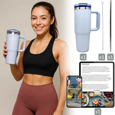 Kubek termiczny, bidon ze słomką i uchwytem ze stali nierdzewnej, błękit nieba, 900 ml