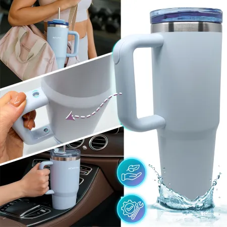 Kubek termiczny, bidon ze słomką i uchwytem ze stali nierdzewnej, błękit nieba, 900 ml