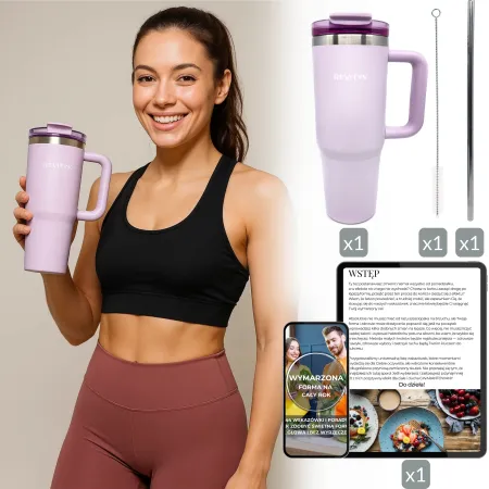 Kubek termiczny, bidon ze słomką i uchwytem ze stali nierdzewnej, lawendowy świt, 900 ml