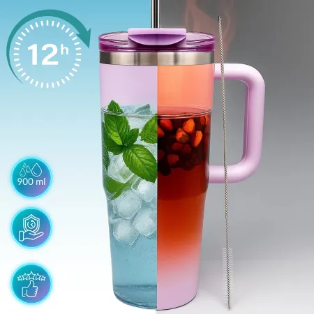 Kubek termiczny, bidon ze słomką i uchwytem ze stali nierdzewnej, lawendowy świt, 900 ml