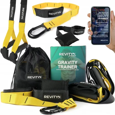 Pasy do ćwiczeń Gravity Trainer, 278 cm, kotwica do drzwi 50 cm, przedłużka 95 cm, czarny-żółty